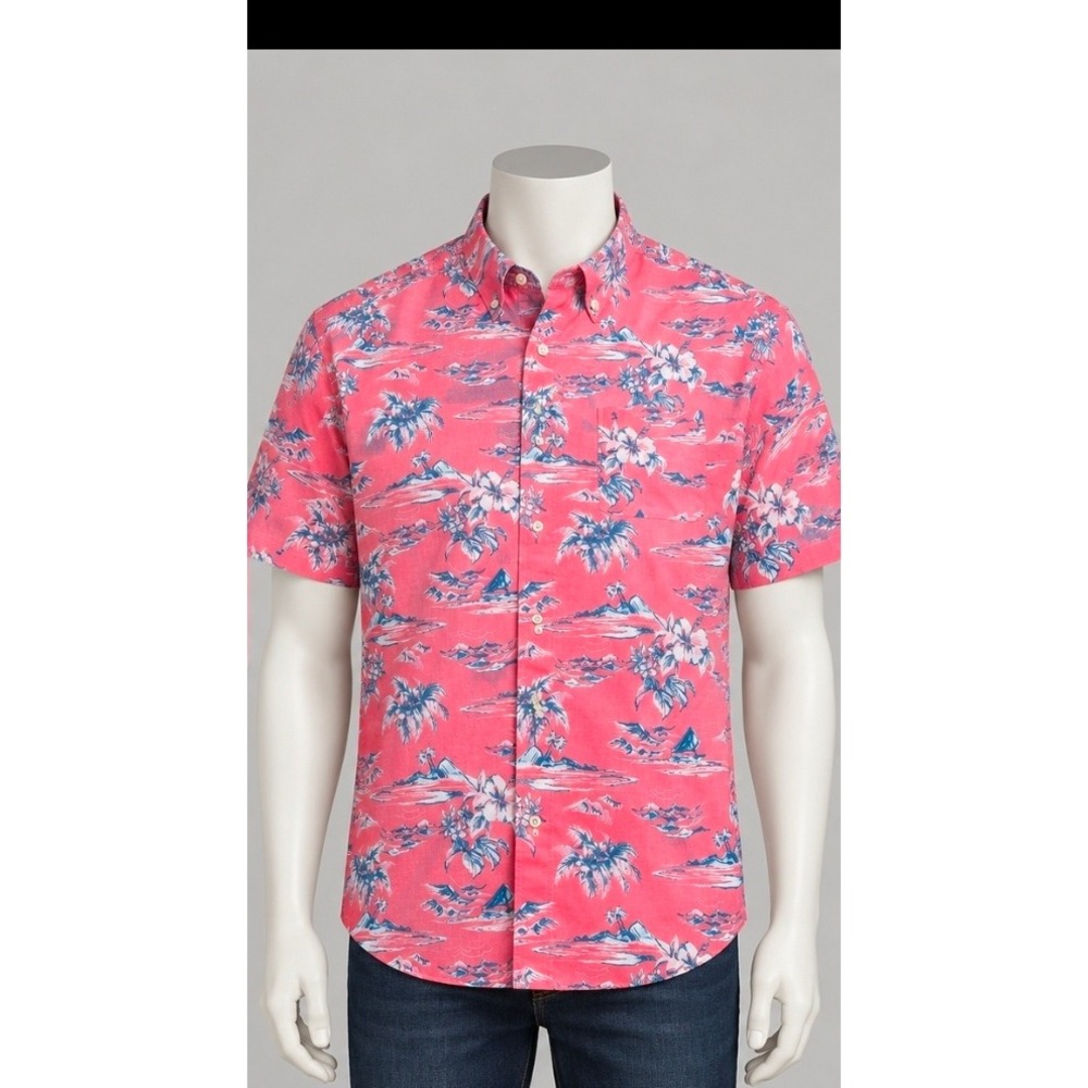 Izod Saltwater Mens XXL Pink Tropical Palm Tree Hibiscus SS Button Down Shirt